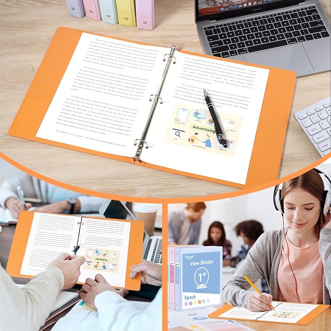 3 Ring Binder - 6 Pack, 1 Inch Binder with 2 Interior Pockets & Clear View Overlay, Large Capacity, Round Ring Binders for Office Supplies, School & Home (6 Colors) | 175 Sheets Paper Capacity, Pastel Binders with 2 Interior Pockets for Office Supplies...