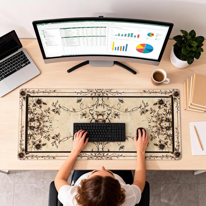 Floral Aesthetic Rose Gaming Mouse Pad, Earth Black Rug Desk Mat with Anti-Slip Base & Stitched Edges, Computer Keyboard & Laptop Pad, 35.4" x 15.7" in in Workstation Accessories