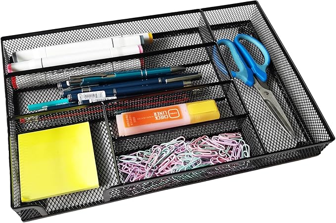 Desk Drawer Organizer Metal Mesh Drawer Organizer Tray for Office School or Home Supplies Desktop Storage Stationery, 6 Compartments, 12.6 x 8.27 x 1.57 inch，Black (2pc pack)