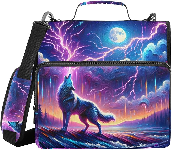 Galaxy Forest Wolves Zipper Binder Bag 3 Ring Binder with Shoulder Strap Zip Up 500 Sheets Capacity Multi Pockets for School Office Supplies