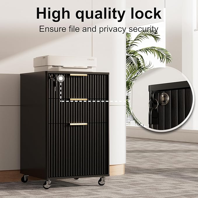 3 Drawers Fluted Mobile File Cabinet with Lock, Rolling File Cabinet Printer Stand Table, Under Desk Wooden Filing Cabinets for Home Office Essentials Storage Organization Furniture Letters/A4(Black)