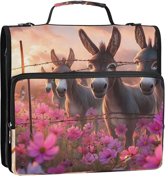 ALAZA Zipper Binder 3 Ring Donkeys Flowersea Animal Binder Organizer with Zipper and Shoulder Strap Large Capacity Multi-Pocket Trapper Keeper File Folder for Office Supplies