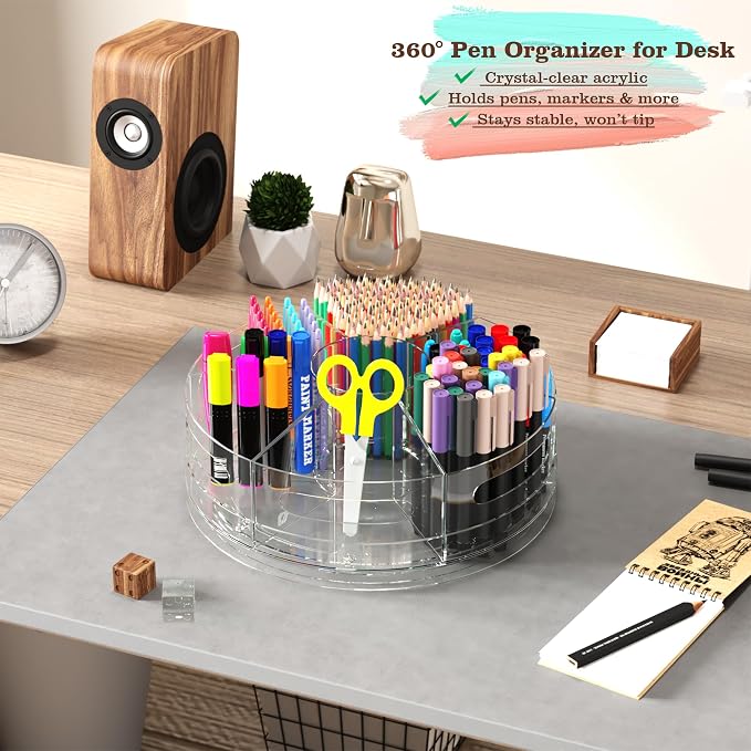 CraftGenes Rotating Organizer, Clear Acrylic Pen Holder and Pen Organizer for Desk, Art Supply Organizer and Marker Organizer, 7 Removable Compartments for Office Supplies, Classroom, Craft Room