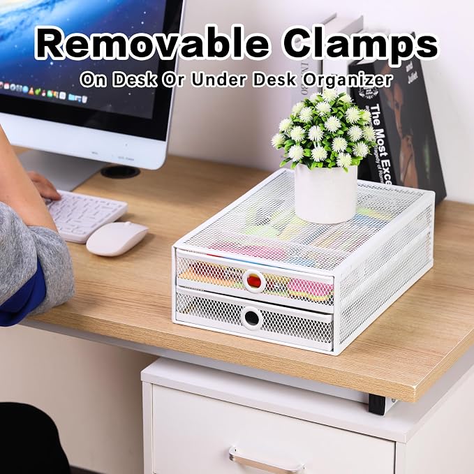 ROSYLINE Under Desk & Desktop Drawer Organizer, 2-Tier Big Capacity | Steel Construction, Clip-On No Drill Installation, Fits A4 Paper, for Office & Household Supplies