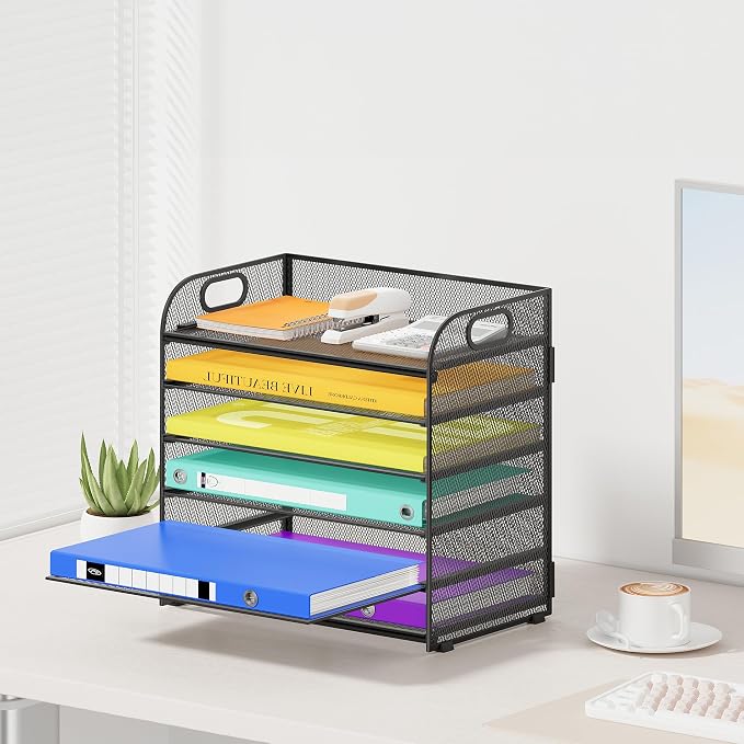 Cawukege 6 Tier Paper Organizer with Handle, Metal Desk Organizer Mesh Paper Letter Tray Desktop File Folder Document Sorter for Classroom, School, Office Accessories Storage (1, 6 Tier - Black)