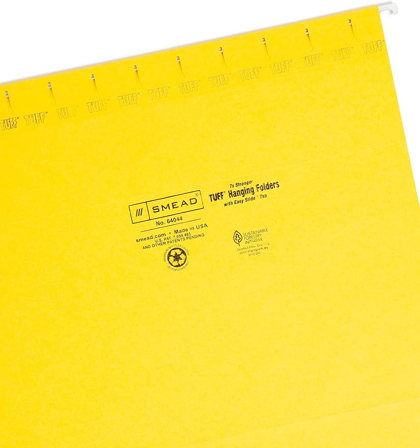 Smead TUFF Hanging File Folder with Easy Slide Tab, 1/3-Cut Sliding Tab, Letter Size, Yellow, 18 per Box (64044, Rod Color May Vary)