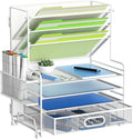 MINDEPOT 4-Tier Paper Organizer + 3-Pocket File Holder + Drawer + Pen Holders, Desktop File Organizers Paper Tray for Office Supplies School Classroom Organization (White, with Drawer & Pen Holder)