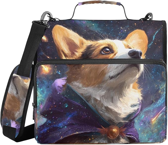 3 Ring Zipper Binder with Shoulder Strap Corgi Starry Sky Galaxy 2 Inch Zippered Binder Bag 500 Sheet Capacity Multi Pockets for School Supplies