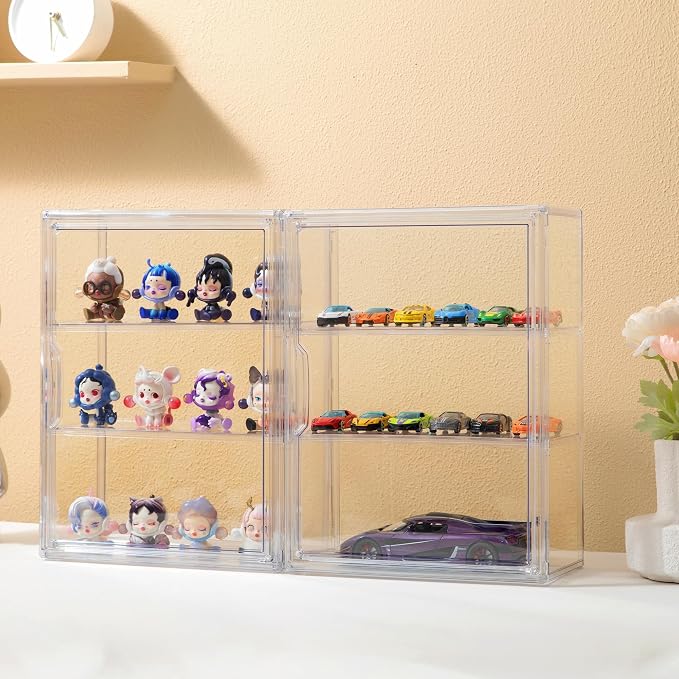 Attelite Acrylic Display Cases for Collectibles 2 Pack Wall-Mounted Desktop | Clear Showcase for Figures, 2 Adjustable Dividers, 3 Layer Acrylic Box, Tool-free Assembly, Magnetic Door, Stackable