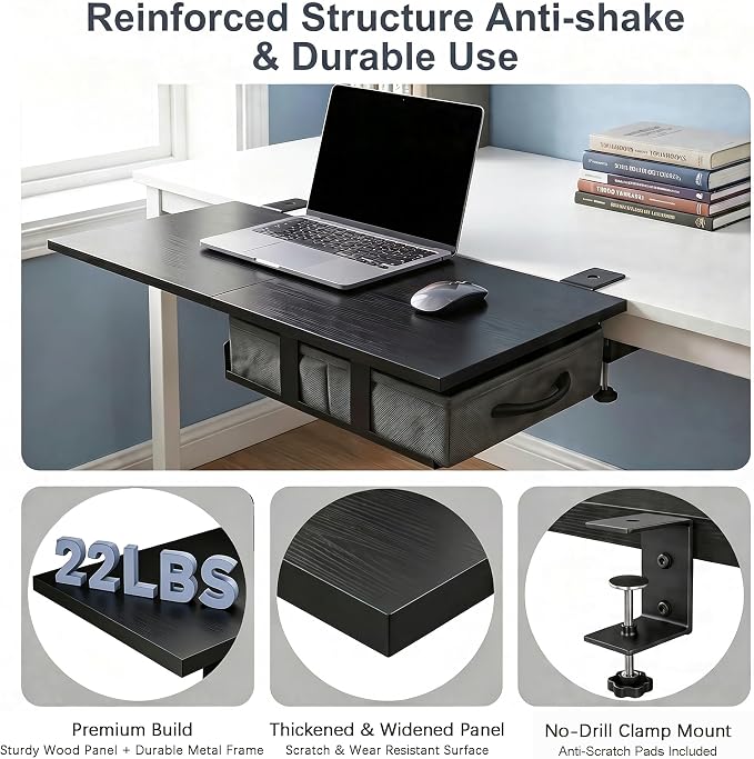 Desk Extender Tray, 24" x 12" Clamp On Desk Extension Shelf with Drawer | Desk Extension Ergonomics Keyboard Extender Tray, Table Desk Armrest Support for Office Home Workstation Organizer, Black