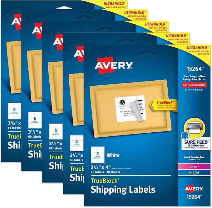 Avery Printable Shipping Labels, Sure Feed Technology, 3-1/3" x 4", White, Laser/Inkjet Printable, 60 Blank Mailing Labels per Pack, 300 Total (5 Packs of 15264)