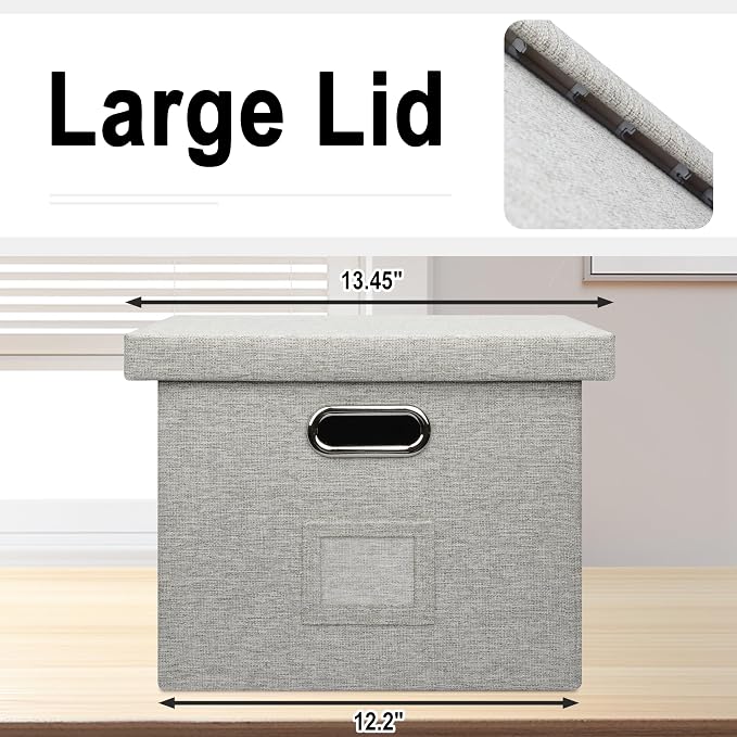 Storage Bins With Lids Office Organization File Folder Organizer Boxes | Beige, 2 Pack, 15.1" * 12.2" * 10.04", Built-In Handle, Collapsible, Stackable, Dustproof, Linen Fabric, Cardboards