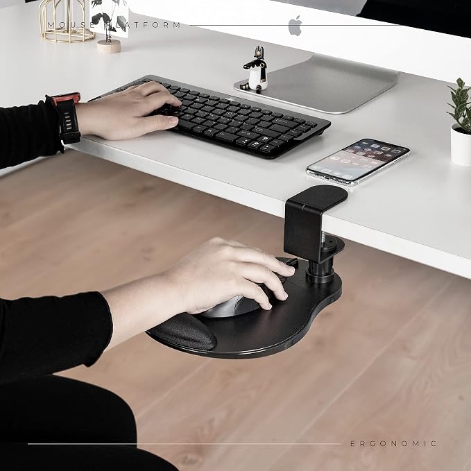EHO Clamp on Mouse Platform, Clip on Pad Rotating 360 Degree, w/Comfortable Gel Wrist Rest, Ergonomic, Attachment, Slide Out Tray, Suitable for 1.5" Thickness Desk, for Home Office Desk Organizer