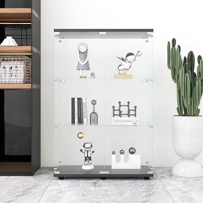 Frameless Glass Display Cabinet, Curio Cabinet with Lock and 2 Doors, Quick-Install Floor Standing Showcase Display Shelf for Collectibles, Legos, Figures, Plants