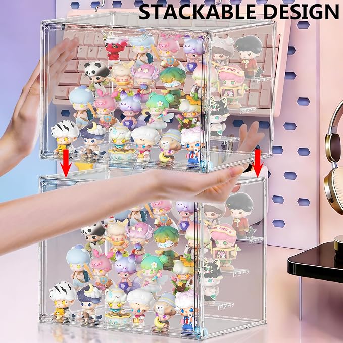 Acrylic Display Case for Collectibles 4 Layer Adjustable Figure Display Cases Large Clear Stackable Figurine Case Box with Magnetic Door & Shelves Hobby Showcase Display Box (1 Pack)