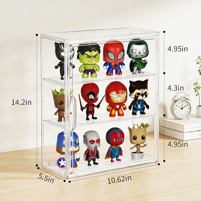 3-Tier Clear Acrylic Display Case for Figures, Wall-Mounted | Magnetic Door, 2 Removable Plates, Stackable Design, High Transparency Box, Display Cases for Collectibles