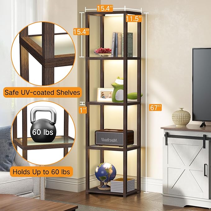 OUTON 67" Glass Display Shelf with Dimmable LED Floor Lamp, Collectibles Display Cabinet with Remote & App Control, 5 Tier Open Bookshelf Lamp for Living Room, Bedroom, Office, Home Decor, Walnut