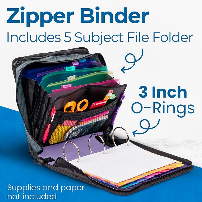Case-it School Zipper Binder | 3-Inch O-Rings | 600-Sheet | D-146 Lavender | Mighty Zip Tab, 5-Subject Expanding File Folder, Multiple Pockets, Storage Organizer, Shoulder Strap, Office