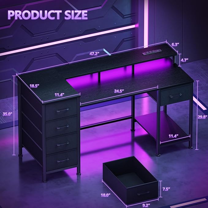 Korfile 47 Inch Gaming Desk with Power Outlets and LED Lights, Reversible Computer Desk with 5 Fabric Storage Drawers, Home Office Desk with Monitor Stand for Working Writing Study, Black | Gaming desk with power outlets &LED lights,reversible design w...
