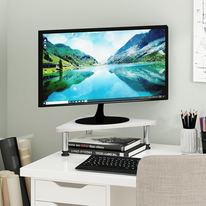 Furinno Turn-N-Tube Triangle Corner Monitor Riser, White Monitor Stand Riser, Laptop Stand for Desk, Office Desk Accessories, Desk Organizers and Accessories, White Wood