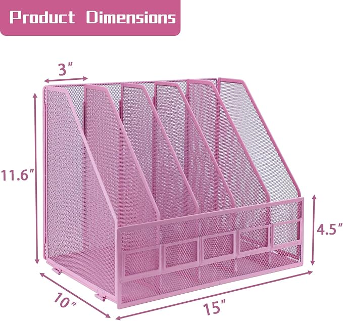 Desk Organizers, Metal Magazine File Holder with 5 Vertical Compartments Rack Binder File Organizer for Office Supplies, Home Workspace - Pink