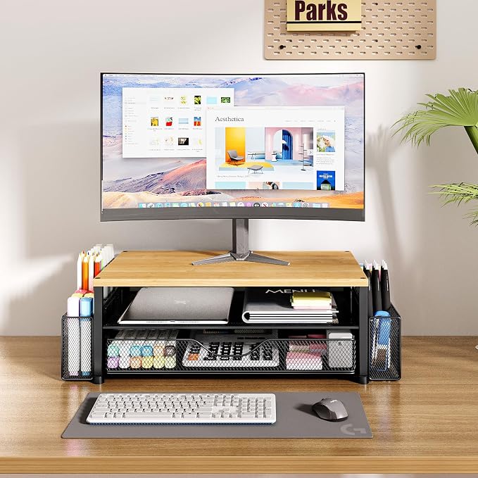Desk Organizers and Accessories, Computer Monitor Stand Riser with Drawer and 2 Pen Holders, Printer & Laptop Stand, Office Desk Accessories & Workspace Organizers for Home Office Supplies, Oak