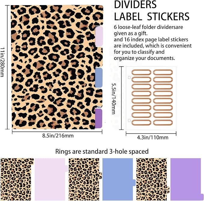 3 Ring Binder 2 Inch Round Ring Binder with 6 Tab Dividers，2 Interior Pockets，Cute Binder Clipboard with Storage, for School Office, Portfolio(Cheetah Spots)