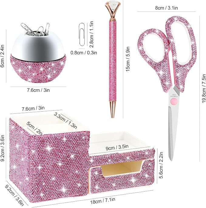 MultiBey Bling Pink Rhinestone Desk Accessories Set, 4 Pcs | Crystal Office Stationery Kit with Drawer Organizer, Paper Clip Holder, Scissors & Diamond Pen Desktop Decor & Gift for Women
