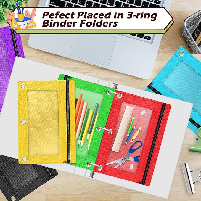 Pencil Pouch for 3 Ring Binder, 36 Piece Bulk 3 Holes Zipper Pencil Pouches in 5 Assorted Colors, Clear Durable Pencil Case for School, Classroom, Office Supplies