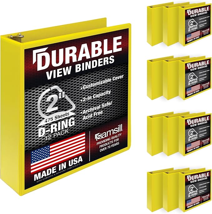 Samsill Durable 2 inch 3 Ring Binder, D Ring Binder, 100% Recycled Chipboard, Yellow, 12 Pack