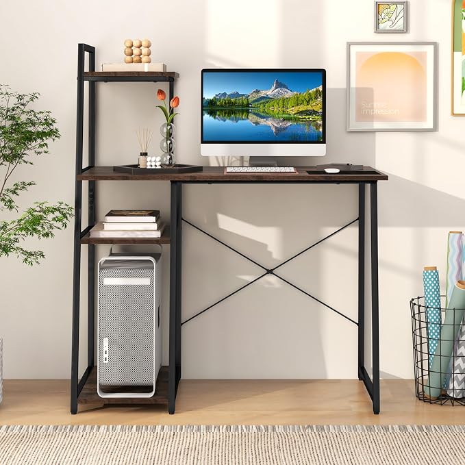 Giantex Computer Desk with Shelves, 47.5” Home Office Desk with Bookshelf, Host Stand, Metal Frame, PC Laptop Workstation, Modern Study Writing Desk for Bedroom, Small Space (Rustic Brown & Black)