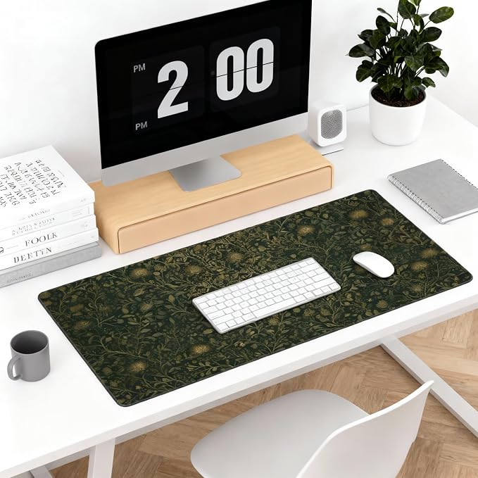 Dark Green Floral Desk Mat Gold Flowers XXL Large Desk Pad - Anti-Slip Stitched Edges Mouse Pad for Women, Office & Home, Extra Big Computer Keyboard Mat for Desktop, Aesthetic Office Decor