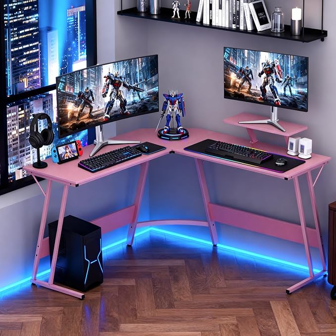 FDW L Shaped 51 Inch Gaming Desk,Corner Computer Desk,PC Gaming Desk,Writing Workstation with Large Monitor Stand for Home Office,Soft Pink