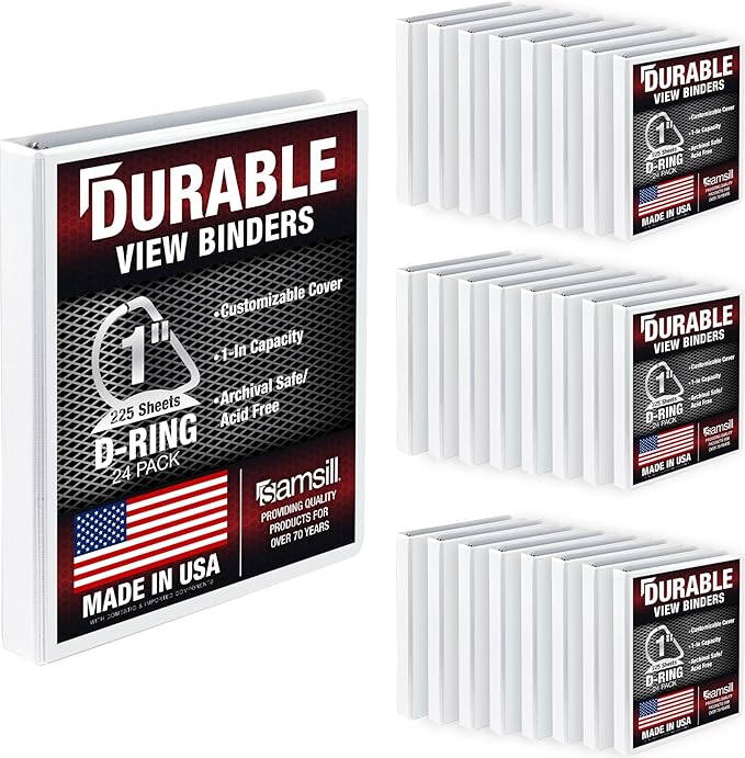 Samsill Durable 1 inch 3 Ring Binder, D Ring Binder, 100% Recycled Chipboard, White, 24 Pack, Bulk