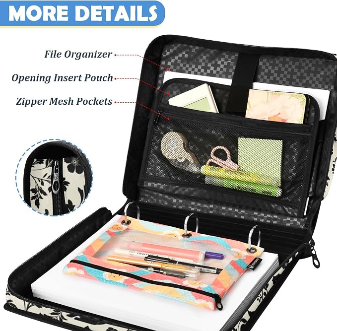 Flowers Cat Print Zipper Binder File Organizer Bag 3 D-Ring | with Shoulder Strap, Holds 500 Sheets & 14in Laptop, 3 Ring Binder for Office Supplies