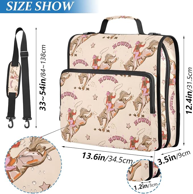 Fisyme Cowgirl Western Vintage Zipper Binder 3 Ring with Zipper and Shoulder Strap Large Capacity Multi-Pocket Zipper Binder Organizer