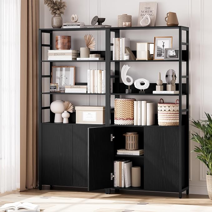 Garvee 71" Tall Bookshelf with Doors and Adjustable Shelf, Black | Industrial Display Standing Shelf Rack with 3-Tier Shelves, Bookcase with Protective Rails for Living Room, Office