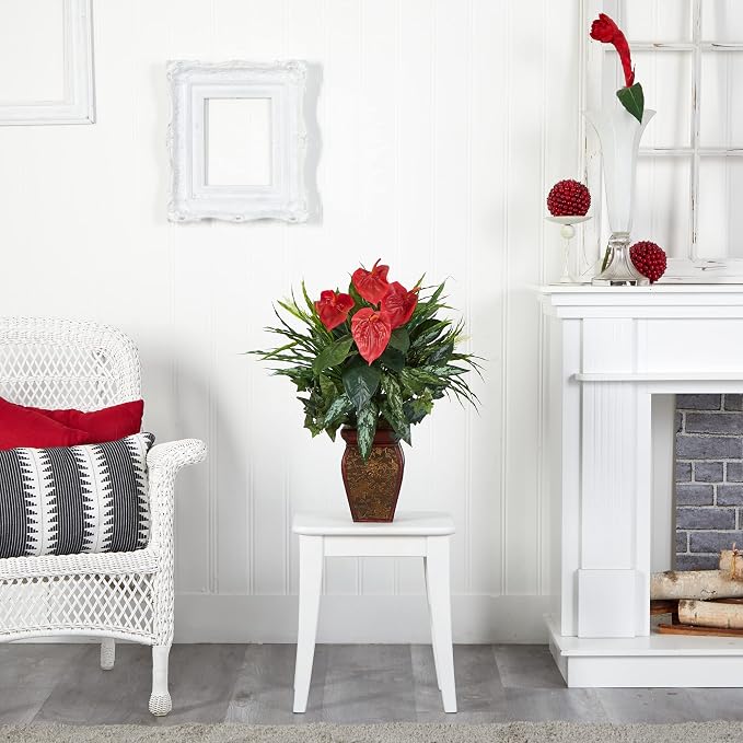 Nearly Natural 26 in Artificial Mixed Greens and Anthurium with Vase | Vibrant Red Plumage, Lifelike Textures, Decorative Vase Included, Year-Round Home or Office Decor Accent