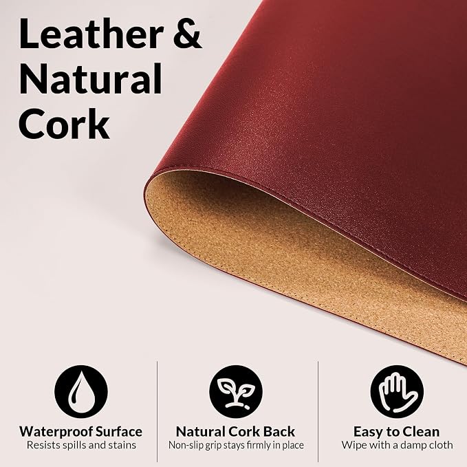 AFIING Leather Desk Pad Protector, 23.6" x 13.7", Red | Dual-Sided Cork & PU Leather, Waterproof, Non-Slip Mouse Pad & Writing Pad for Home, Office, Study & Laptop