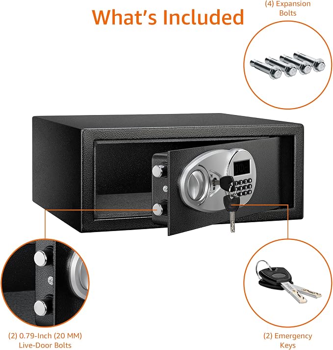 Amazon Basics Steel Security Safe and Lock Box with Digital Keypad, Electronic Lock, Emergency Key Open, Secure Cash, Jewelry, Documents, Black, 0.7 Cubic Feet, 16.9-x-14.6-x-7.1-inches (WxDxH)