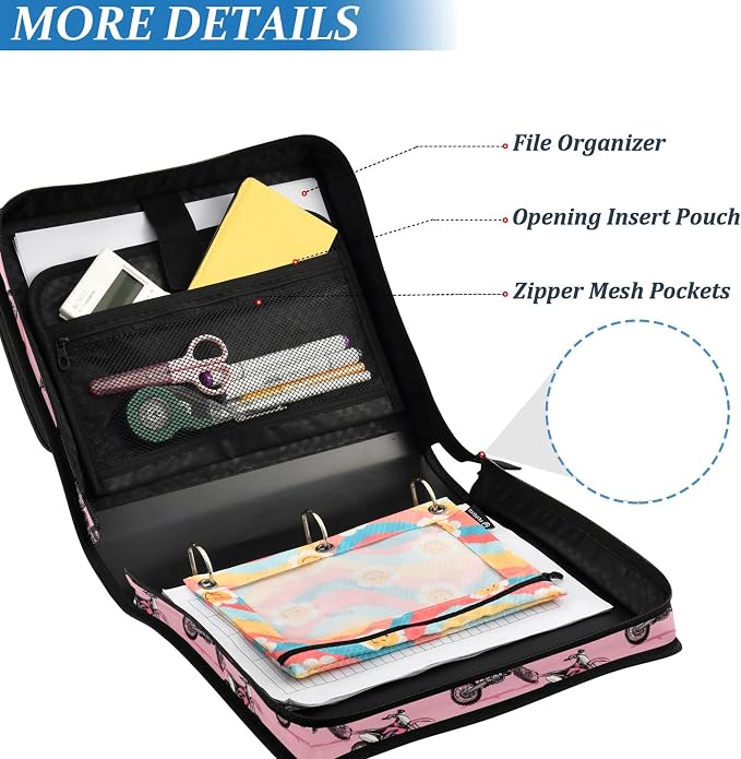 Fisyme Dirt Bike Motocycles Zipper Binder 3 Ring with Zipper and Shoulder Strap Large Capacity Multi-Pocket Binder Organizer