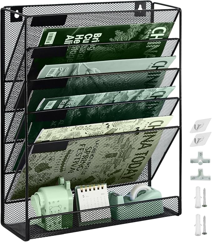 5 Pockets Mesh Wall File Holder Organizer with Bottom Flat Tray, Office Hanging File Folder Magazine Rack, Nametag Label Hooks Set Included, Black