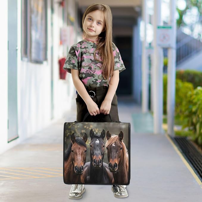 3 Ring Zipper Binder Horses Binder Organizer Portfolio with File and Shoulder Strap & Handle Large Capacity File Folder
