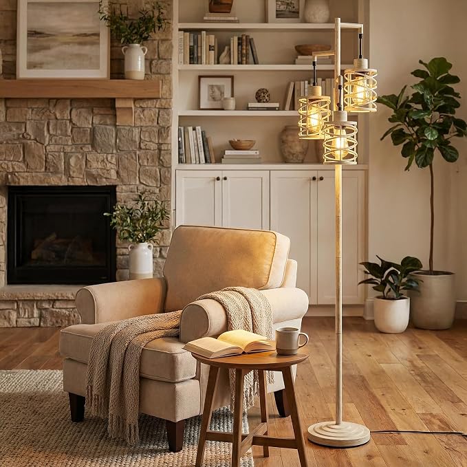 70" Industrial Floor Lamp, Stepless Dimmable Standing Lamp with 3 Bulbs, Farmhouse Corner Standing Tree Lamp for Living Room, Tall Lamps for Bedroom, Office, Dining Room, Antique Beige White