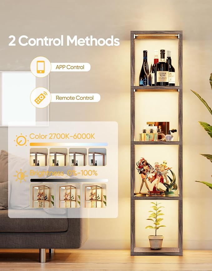 Floor Lamp Glass Display Shelf with Remote/APP Control, Dimmable LED Floor Lamp with Shelves, Open Display Cabinet, Color Temp Control (2700K-6000K), Oak Gray