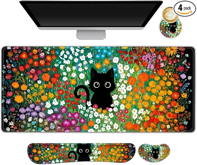 Large Gaming Mouse Pad Set, 4 in1 Ergonomics Keyboard Desk Mat w/Memory Foam Wrist Rest, Computer Extended Game Mousepad, Non-Slip Desk Matt Easy Typing Pain Relief I Multicolored Flower Cat