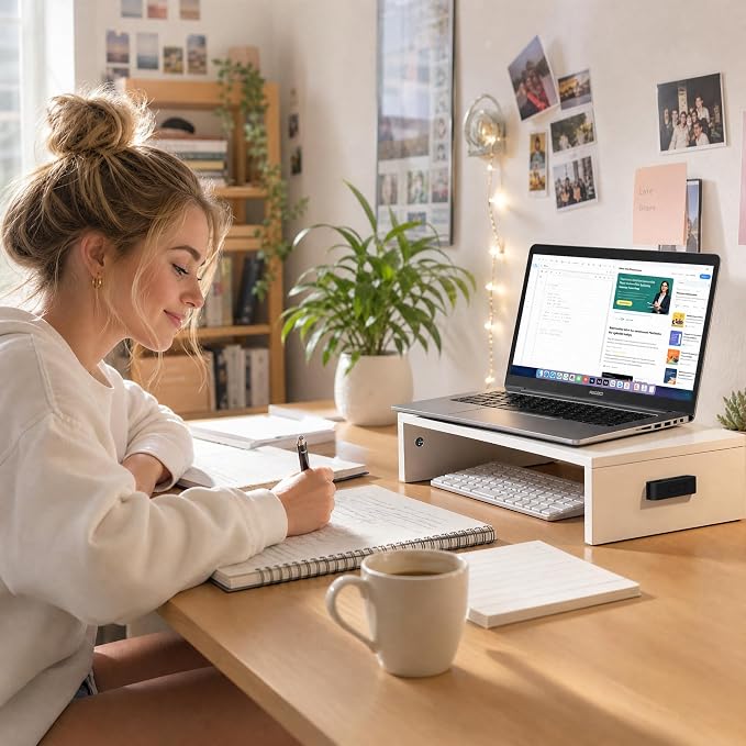 BONTEC Monitor Stand Riser with Cellphone Holder & Cable Management | 16.7 Inch Wood Monitor Riser Stand, Desktop Stand for PC/TV/Laptop/Printer, White