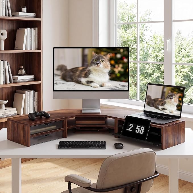 Fenge Dual Monitor Stand, Corner Desk Shelf with Drawer & Slide-Out Tray | Modular Design for Flexible Layouts, 2-Tier Storage Desktop Organizer for Computer, Laptop, Printer and Telephone