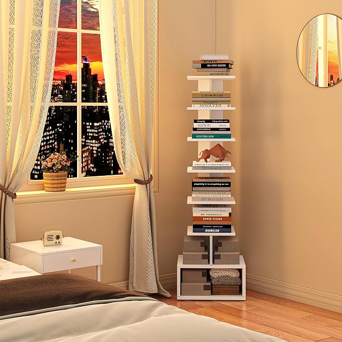 TUTOTAK Book Shelf, Narrow Spine Bookshelf, 8-Tier Bookcase for Small Space | 10.4 x 11.8 x 47.5 Inches Vertical Freestanding Corner Shelf for Living Room, Office, Study, Entryway, White BS07BW008