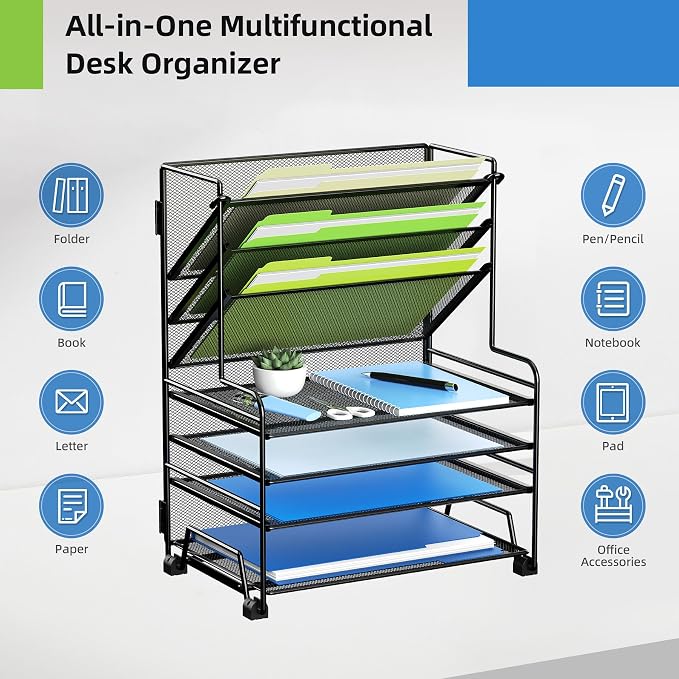 MINDEPOT 4-Tier Paper Organizer + 3-Pocket File Holder + Drawer + Pen Holders, Desktop File Organizers Paper Tray for Office Supplies School Classroom Organization (Black, No Drawer & Pen Holder)